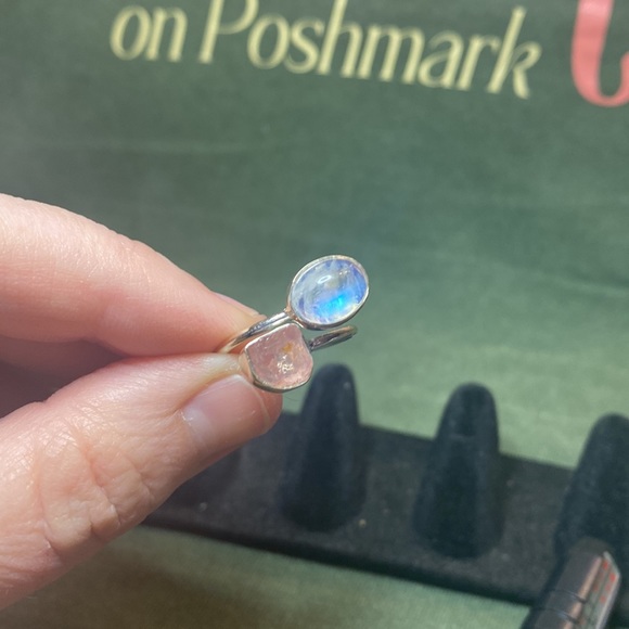 Solid Sterling Silver Rose Quartz and Rainbow Moonstone Ring - Picture 3 of 4